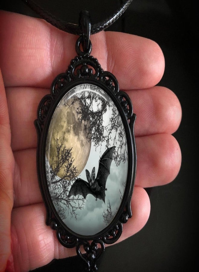 IS4U Gothic Halloween Cameo Necklace, Vintage Crystal Glass Witch/Raven/Bat/Tree Pendant Necklace Punk Style Dark Necklace Goth Victorian Choker Halloween Jewelry for Women (Black Bat1) - Image 5